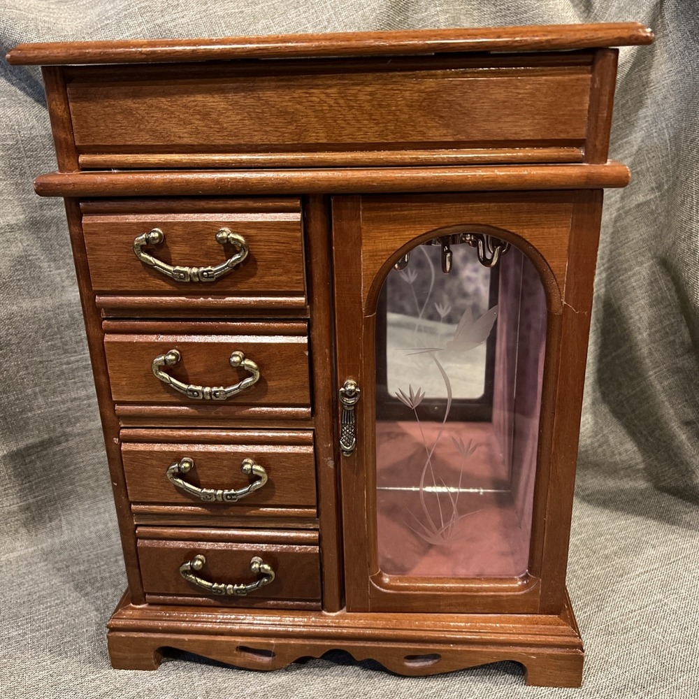 Vtg 1987 Wooden Jewelry Box Cabinet‎ 4 Drawers Etched Glass  Lift Top Organizer
